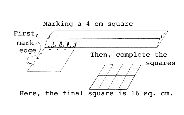 Diagram showing how to mark a square in a rectangular grid in order to find its area.